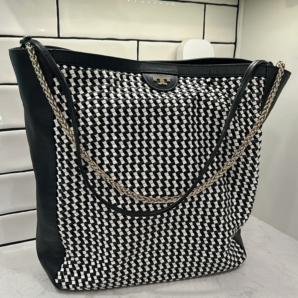Tory Burch Erica Black/White Leather Woven Large Tote